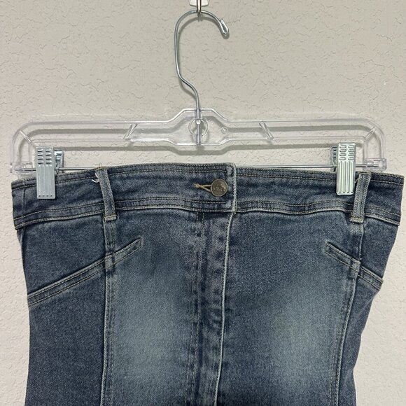 Mango Denim Strapless Mini Dress Womens Size 4 Stretch 1/4 Zip Up 2000s - Picture 3 of 6